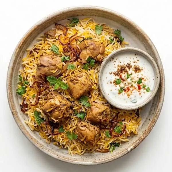Awadhi Chicken Dum Biryani with Burani Raita